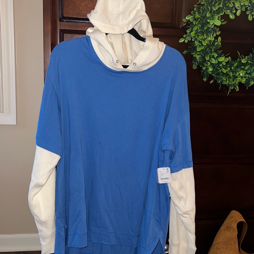 Free People Cobalt Blue and Cream Hooded Top